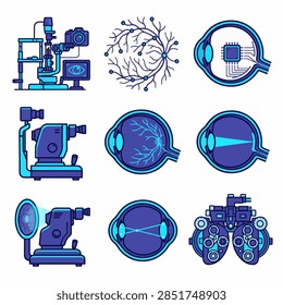 The image presents six isolated vector illustrations of ophthalmic equipment and procedures arranged in a 3 2 grid on a pure white background. Each illustration features crisp outlines in deep blue, electric cyan and dark indigo, highlighting a slit-lamp biomicroscope, retinal map, artificial retina chip, fundus camera, optical biometer and digital phoropter.