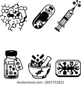 The image presents six isolated vector illustrations of AI-driven drug discovery concepts, each rendered with modern medical-chemistry aesthetics and arranged in a 3 2 grid on a pure white background. Elements include a protein receptor pocket, a microchip-filled capsule, a nano-vaccine syringe, a temperature-tagged vaccine vial, a DNA-marked mortar and pestle, and a microfluidic organ-on-a-chip device, highlighted by cobalt, mint green and amber accents.