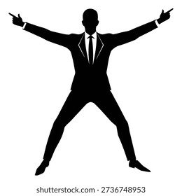 Image presents a striking black silhouette of a businessman in a suit, pointing outwards in opposite directions, conveying authority, direction, and guidance.