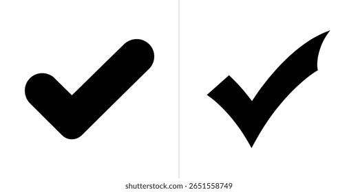 A imagem apresenta dois ícones de marca de seleção preta com estilos diferentes lado a lado em um plano de fundo branco limpo. A marca de seleção esquerda apresenta bordas arredondadas, enquanto a direita tem linhas mais nítidas e angulares.