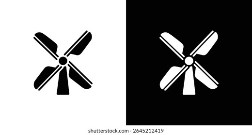 A imagem apresenta duas ilustrações de hélice de quatro pás idênticas estilizadas, uma em preto contra branco e a outra em contraste reverso, criando um design simétrico.