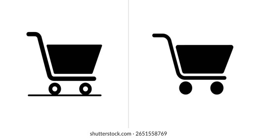 The image presents two minimalistic black shopping cart icons set against a white background. One has line-style wheels, the other has a solid circle wheel design.