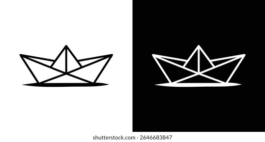 Image presents two paper boat icons, one black on a white background, the other white on black, showcasing minimalist design in vector format.