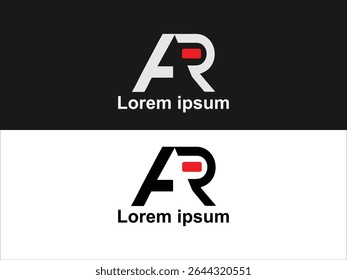 The image presents two variations of an abstract logo design featuring the letters AR The first version displays the logo on a black background 