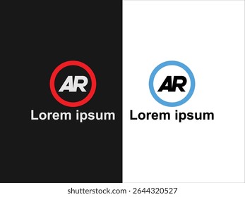 The image presents two variations of a logo design featuring the initials AR The first version displays the letters in white against a red circle on a black background 