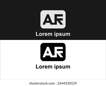 The image presents a vector logo design featuring the initials AF The logo is displayed twice once with a light gray square on a black background and again with a black square on a white background 