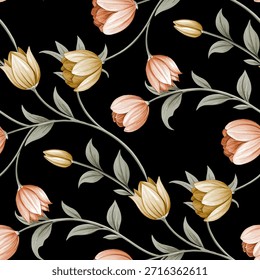 La Imagen presenta un patrón floral vibrante sobre un fondo negro, con un diseño repetitivo de cogollos y hojas de color naranja pálido que se envuelven en curvas entre ellos. El foco del diseño está en las flores, con intrincadas líneas en los pétalos que sugieren detalles.