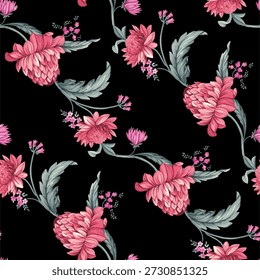 A imagem apresenta um vibrante padrão floral contra um fundo preto, com flores rosa e cinza com folhas e caules verde claro. As flores são dispostas em um design repetido, mostrando suas pétalas em vários tons de rosa, enquanto as folhas e caules exibem variações sutis na gradação de verde claro para cinza.