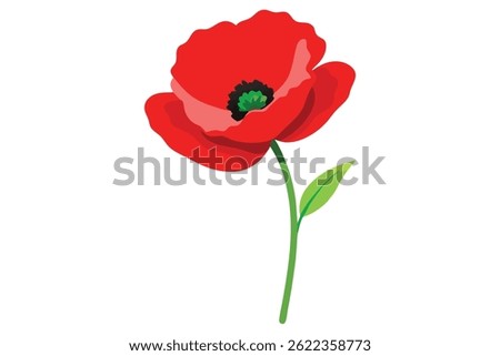 The image presents a vibrant red poppy with a single leaf, set against a clean white background. Its sleek and simple style makes the flower stand out.