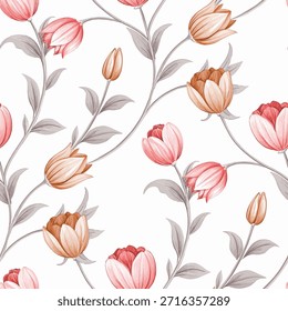 The image presents a visually appealing floral pattern on a white background, featuring tulips and leaves arranged in a harmonious display. In the foreground, the design showcases a sophisticated arrangement of red and pink tulips, each with a dark brown outline that adds depth and dimension. The stems and leaves are rendered in gray, complemented by light brown buds. This thoughtful color selection creates a balanced and pleasing aesthetic.