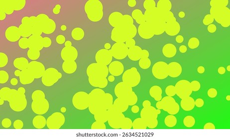 The image presents a visually engaging abstract design. Numerous neon yellow circles of varying sizes are scattered across a gradient background that transitions smoothly from a muted pinkish-brown