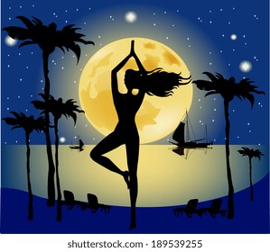 An image of a pretty woman doing yoga under a big pale moon 