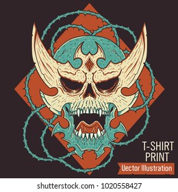 Image for print on T-shirts, banners, posters, clothes and souvenirs. Print with a villainous skull in branches with spikes. Dark Lord in branches of roses. Evil skull. Layered vector illustration