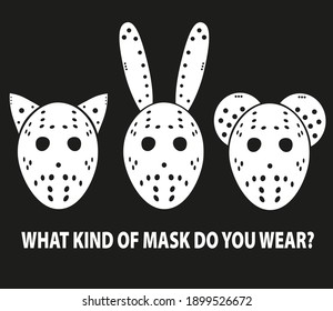 Image for printing on T-shirts. Masks of a kitten, a bunny and a monkey in the style of Jason from the movie "Friday 13th"