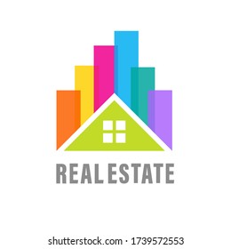 Image of private houses with roofs and windows. In the background are silhouettes of colorful high-rise buildings and structures, skyscrapers. Logo of a real estate agency, green city.