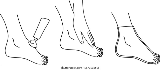 imagen del proceso de aplicación de amapolas para los pies. exprimiendo el producto sobre la piel del pie, frotando la piel con la mano, usando una cubierta de máscara