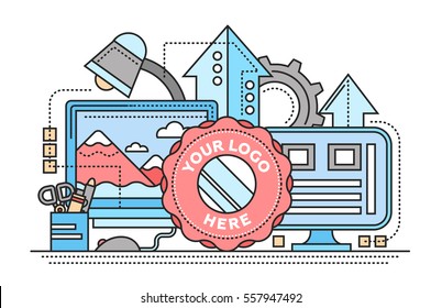 Image Processing - vector modern flat design illustration with work place, computer screens, arrows up, logo frame