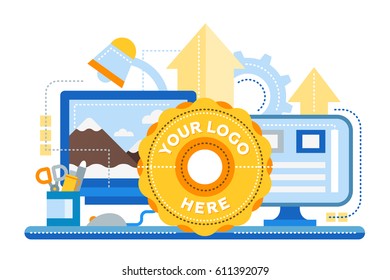 Image Processing - vector modern flat design illustration with work place, computer screens, arrows up, logo frame