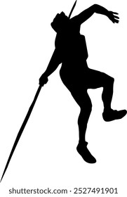 The image prominently features the athlete's balanced posture and extended arm holding the javelin, highlighting their strength and agility.