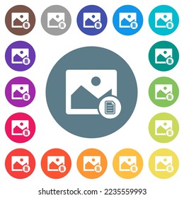 Propiedades de la imagen iconos blancos planos en fondos de color redondo. Se incluyen 17 variaciones de color de fondo.