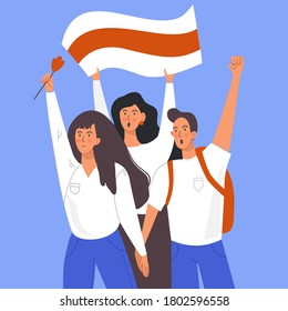 An image of protesters in Belarus after the 2020 presidential elections. Freedom for Belarus. Women are holding a white-red-white flag and scarlet flowers. Vector illustration isolated on background.