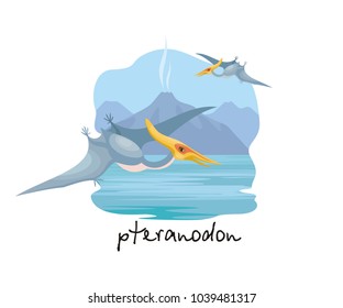 The image of a pterosaur against the background of a prehistoric landscape. Colorful vector illustration.