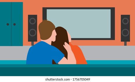 Image of a quarantined couple watching a movie at home. Vector image, eps 10