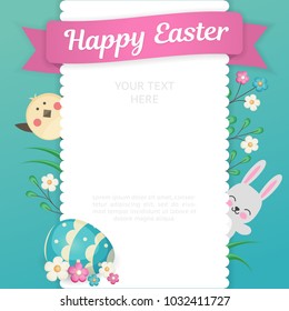 The image of a rabbit and a chick looks out from behind a square frame with openwork edges. Emblem with flowers and place for text.