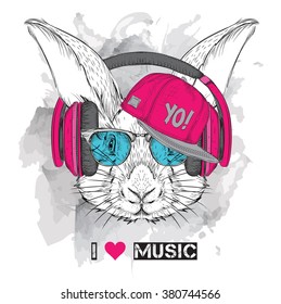 The image of the rabbit in the glasses, headphones and in hip-hop hat. Vector illustration.