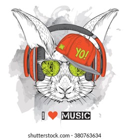 The image of the rabbit in the glasses, headphones and in hip-hop hat. Vector illustration.