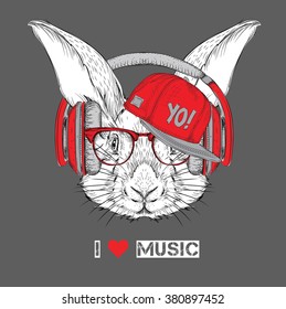 The image of the rabbit in the glasses, headphones and in hip-hop hat. Vector illustration.