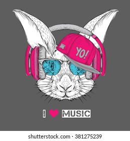 The image of the rabbit in the glasses, headphones and in hip-hop hat. Vector illustration.