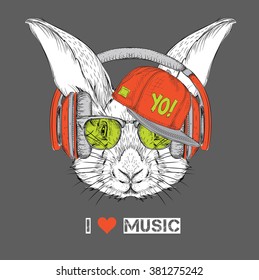 The image of the rabbit in the glasses, headphones and in hip-hop hat. Vector illustration.