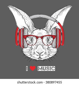 The image of the rabbit in the glasses and headphones. Vector illustration.