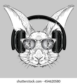 The image of the rabbit in the glasses and headphones. Vector illustration.