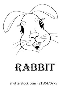 La imagen de un conejo, un dibujo gráfico sobre un fondo blanco con una inscripción, un boceto, una silueta de una cabeza, un personaje, un logotipo