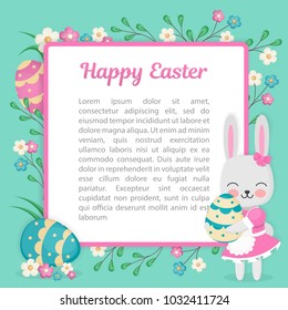 The image of the rabbit is looking from behind a square frame with openwork edges. Vector illustration for the Easter holiday. Emblem with flowers and place for text.