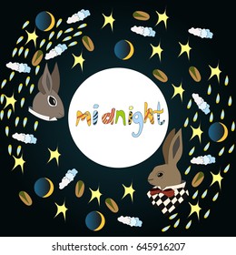 Image with rabbit, stars, text and clouds in night. Circle decoration