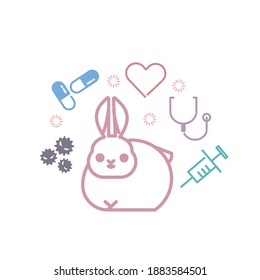 Image of a rabbit surrounded by medicine and stethoscope