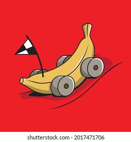 Image of racing banana character, banana fruit with wheels and race flag