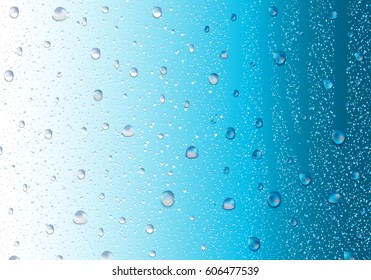 Image of raindrops on blue backdrop,rain bubble concept.For web site,poster,placard and wallpaper.Realistic photo of water vapor in cold glass of window.Close up of autumn abstract background svg