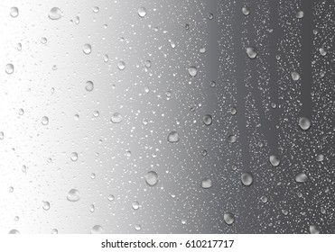 Image of raindrops on gray backdrop,rain bubble concept.For web site,poster,placard and wallpaper.Realistic photo of water vapor in cold glass of window.Close up of autumn abstract background svg