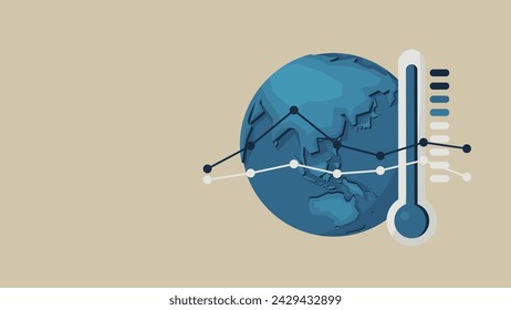 An image of a rapid rise in average temperature. There is the earth, a thermometer, and a graph.