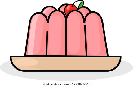 Image of raspberry jelly dessert. On a plate is a pale pink jelly dessert decorated with a cherry on top. Vibrant and vibrant mouth-watering colors. Flat vector invention.