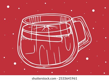 Image of ready Christmas punch in a glass cup with a white handle. Insulated cup on a red background. Good for advertising, banners, cards, brochures, Christmas and winter themed designs.Warming drink