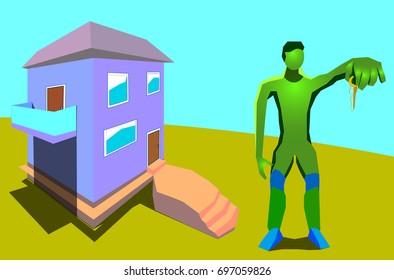 Image of real estate or a private house together with a figure of a person. The character holds a house key in his hand.