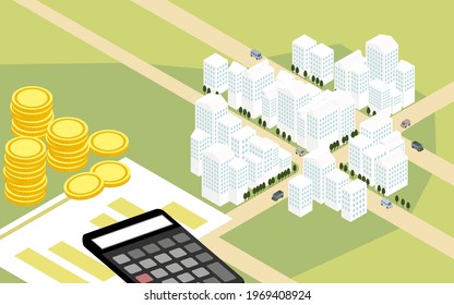 Image of real estate purchase, isometric illustration of building street from a bird's-eye view