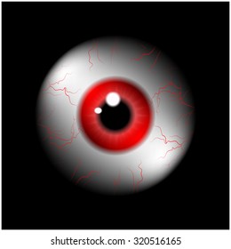 Image of realistic human eye ball with red pupil, iris. Vector illustration isolated on black background.