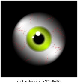 Image of realistic human eye ball with yellow,green  pupil, iris. Vector illustration isolated on black background.
