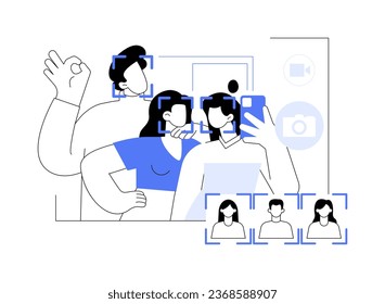 Ilustración vectorial de concepto abstracto de reconocimiento de imagen. Grupo de personas posando, fotografiando reconocimiento facial, tecnología informática moderna, transferencia de datos, metáfora abstracta de aprendizaje automático.